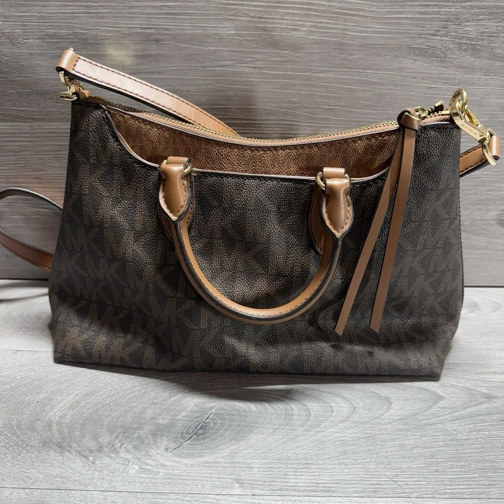 Michael Kors Signature Logo Satchel & Crossbody Purse Bags 2PC Set Brown
